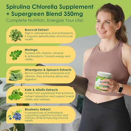 Organic Spirulina + Chlorella Gummies, High in Vegan Protein, Chlorophyll, Nutrient Dense Green-Blue Algae +Super Greens, Vitamin C, D3, Zinc, B12 for Daily Energy, Cleanse, Antioxidant, Immune, 60Cts