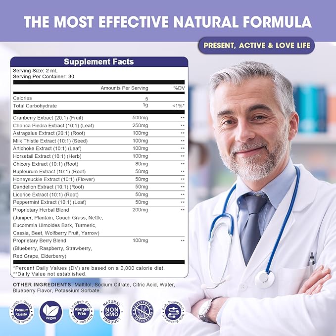 GREENPEOPLE Kidney Cleanse Detox & Repair - 27-In-1 Kidney & Liver Drops with 20:1 Cranberry Extract & Chanca Piedra, Alcohol-Free Supplement for Urinary Tract & Liver Support (2 Oz 1 Pack, Blueberry)