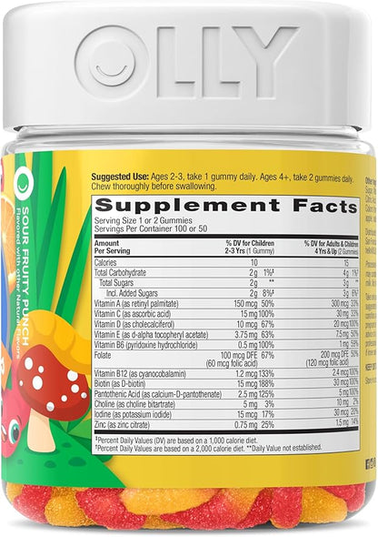OLLY Kids Multivitamin Gummy Worms, Overall Health and Immune Support, Vitamins and Minerals A, C, D, E, Bs and Zinc, Kids Chewable Supplement, Sour Fruit Punch, 45 Day Supply - 100 Count