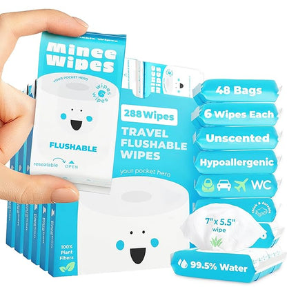Impossibly Compact Travel Flushable Wipes - 99.5% Water and Aloe - Safe for Sensitive Skin, Hypoallergenic & Unscented - Travel Essentials for Adults, Kids & Baby Care - 48 Pack Total 288 Wipes