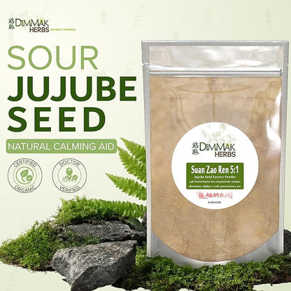 Dimmak Herbs Organic Suan Zao Ren 5:1 Extract (Sour Jujube Seed)- Premium Natural Sleep Aid for Occasional Sleeplessness, Stress Relief & Night Sweats- Calms The Spirit (Shen)- Non-Habit forming (4oz)