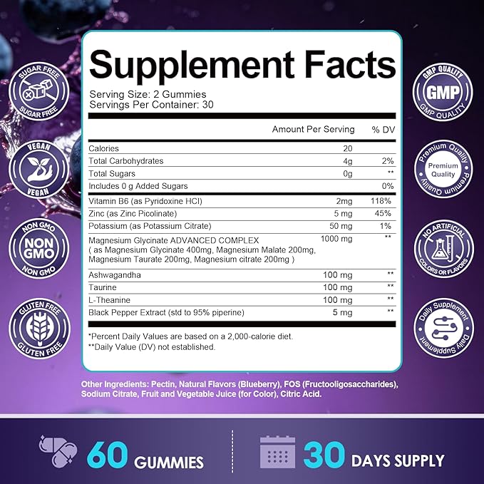 Magnesium Glycinate Gummies 400mg - Magnesium Complex Gummy with Malate, Taurate & Citrate - Supports Sleep, Relaxation, Brain & Muscle - 60 Count Blueberry Flavor (Sugar Free & Vegan)