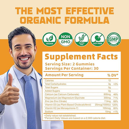Calcium Magnesium Zinc Gummies with Vitamin D3 & K2 - High Potency Enhanced Absorption -120 Orange Gummies