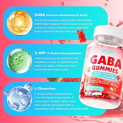 2 Pack GABA Gummies 500mg with L-Theanine, 5-HTP, Vitamins B6, B12, D3 and Ashwagandha, Melatonin-Free, GABA Supplements for Adult, Sugar-Free, Strawberry Flavor, 120 Count
