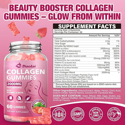 Sugar-Free Multi Collagen Gummies for Women & Men – Types I, II, III, V, X with Biotin, Vitamin C & Zinc for Hair, Skin & Nails | Strawberry Flavor | 60 Gummies