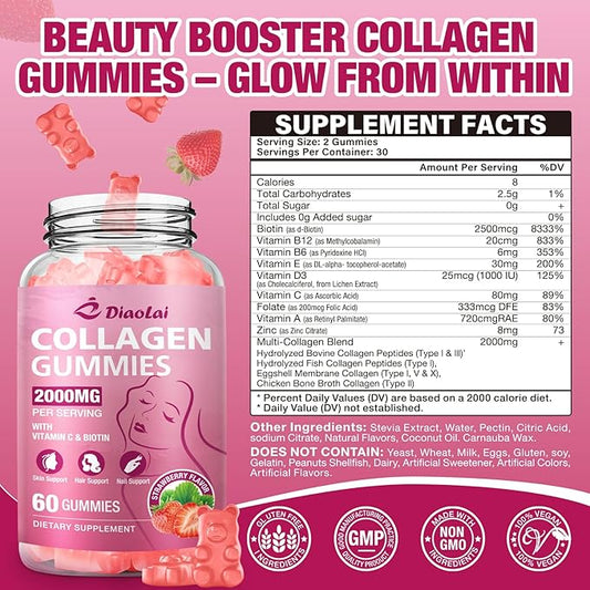 Sugar-Free Multi Collagen Gummies for Women & Men – Types I, II, III, V, X with Biotin, Vitamin C & Zinc for Hair, Skin & Nails | Strawberry Flavor | 120 Gummies