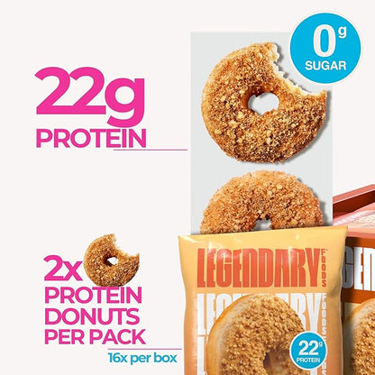 Legendary Foods Protein Donuts - 22g Protein, Crumbly Cinnamon, Zero Sugar Snack, Gluten Conscious, Low Carb, Keto Suitable, Diabetic and GLP-1 Diets - 8 Pack with Two Donuts per pack