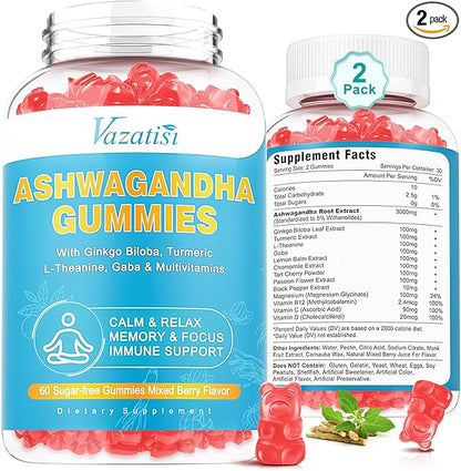 2 Pack Ashwagandha Gummies with Turmeric GABA Mood Energy and Immune Support, Mixed Berry Flavor 120 Cts