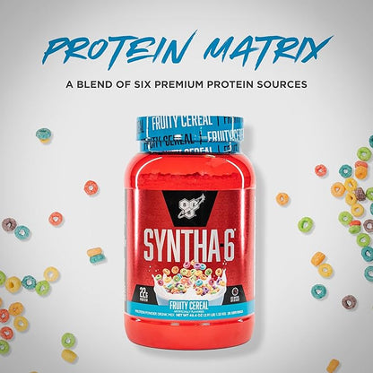 BSN SYNTHA-6 Premium Protein Powder with 6g of Fiber, Whey Isolate, Micellar Casein, Milk Protein Isolate, 5g of Fat, Fruity Cereal, 28 Servings, 2.91 Pound (Packaging May Vary)
