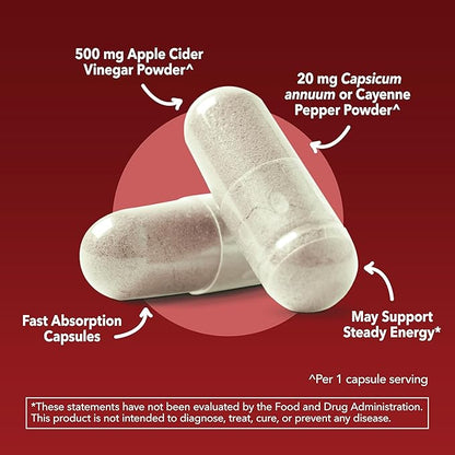 Apple Cider Vinegar Capsules with Cayenne Pepper for Digestive Health Support - 500mg ACV and 20mg Capsicum Annuum Per Serving - Easy-to-Take, Unflavored - 120 Count - Vegan, Non-GMO - 4 Month Supply