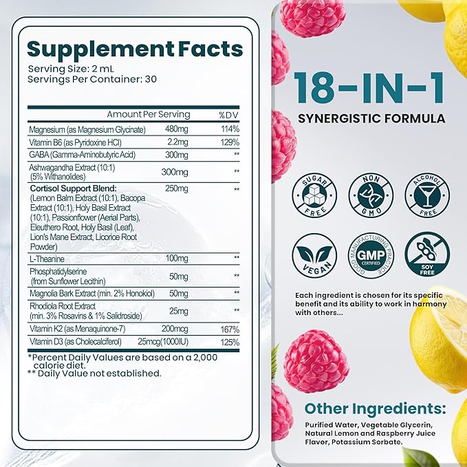 Cortisol Supplements for Women & Men, 18 in 1 Stress & Mood Support Drops with Magnesium 480mg, GABA, Ashwagandha, L-Theanine & Phosphatidylserine, for Relaxation & Sleep, Lemon Raspberry Flavor 60mL