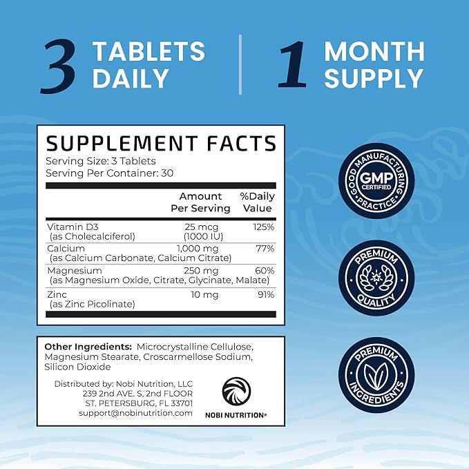 Calcium Magnesium Zinc D3 Supplement | Strong Bones, Healthy Teeth & Immune Support | Calcium Citrate Magnesium and Zinc with Vitamin D3 | 4-in-1 Cal Mag Supplement | 90 Tablets (1 Month Supply)