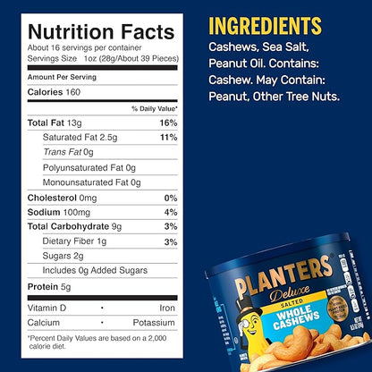 PLANTERS Deluxe Salted Whole Cashews, Party Snacks, Plant-based Protein, 8.5 oz Canister
