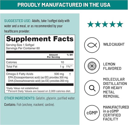 NatureWise Omega 3 Fish Oil - 500 mg per Pill - EPA & DHA - Immune Support, Brain & Optimal Wellness - Gluten and Soy Free, Non-GMO - 60 Softgels[2-Month Supply]