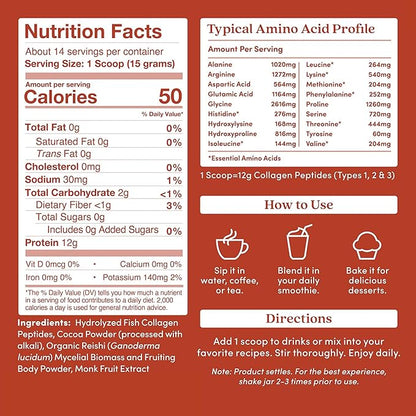 Further Food Chocolate Marine Collagen Peptides Powder with Reishi Mushroom, Wild-Caught Sustainably Sourced Fish, Hydrolyzed Type 1, 2 & 3, 7.41 Oz