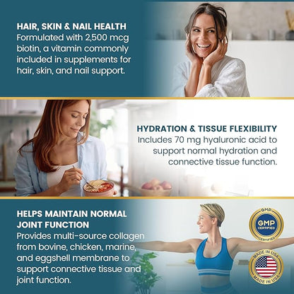 Vykee Nutrition Multi Collagen Capsules with Biotin + Hyaluronic Acid - Hair, Skin & Nail Support - Non-GMO, Gluten Free Dietary Supplement - 180 Capsules