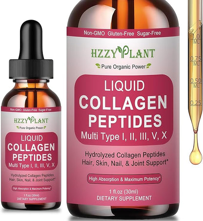 Liquid Collagen Peptides - Multi Collagen for Women Type I, II, III, V, X with Glucosamine, MSM, Hyaluronic Acid, High Absorption Hydrolyzed Collagen Peptides Drops for Skin Hair Nail & Joint, Non-GMO