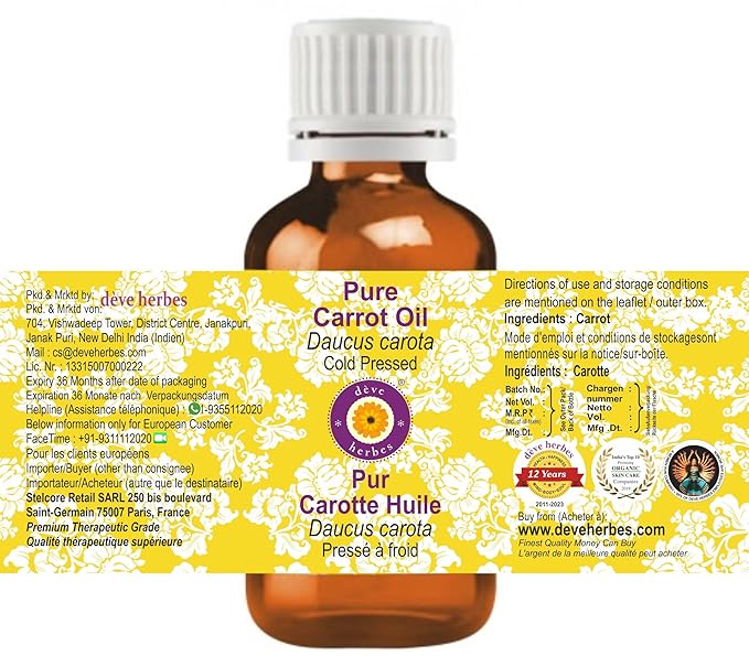 Deve Herbes Carrot Oil (Daucus carota) | Cold Pressed | Pure | Natural | Undiluted | For Diluting Essential oils | For Skin & Massage | Non-Sticky | Lightweight | Men & Women | 10ml (0.33 oz)