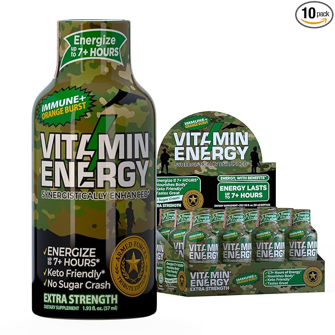 Vitamin Energy Immune+ Extra Strength Energy Shot Army Orange 10 Pack, 260mg Natural Caffeine, B-Vitamins, Citicoline, Green Tea, Immunity & Focus Support, Zero Sugar, Gluten-Free 1.93 fl oz