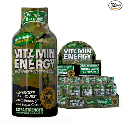 Vitamin Energy Immune+ Extra Strength Energy Shot Army Orange 12 Pack, 260mg Natural Caffeine, B-Vitamins, Citicoline, Green Tea, Immunity & Focus Support, Zero Sugar, Gluten-Free 1.93 fl oz
