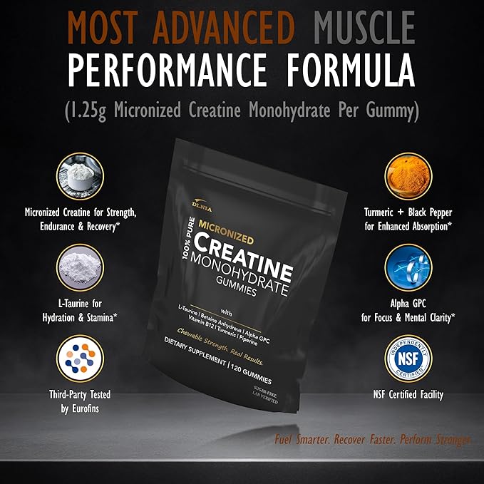 Creatine Monohydrate Gummies for Men & Women - Sugar Free & Vegan Advanced Formula W/L-Taurine + Vitamin B12 - for Muscle Strength, Muscles Builder, Recovery (120 Count (Pack of 1), Strawberry)
