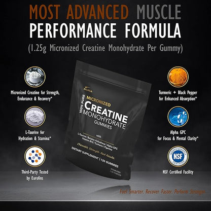 Creatine Monohydrate Gummies for Men & Women - Sugar Free & Vegan Advanced Formula W/L-Taurine + Vitamin B12 - for Muscle Strength, Muscles Builder, Recovery (120 Count (Pack of 1), Strawberry)