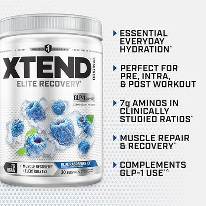 Xtend Original BCAA Powder, 7g BCAAs and 2.5g L-Glutamine for Muscle Recovery Hydration and Lean Muscle, Sugar Free Intra and Post Workout Drink with Electrolytes, Blue Raspberry Ice, 30 Servings