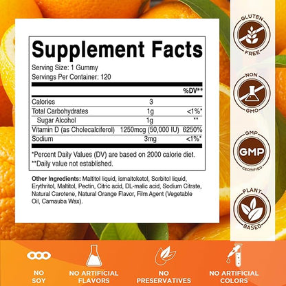 Vitamatic Sugar Free Vitamin D3 50,000 IU Weekly Supplement - 120 Pectin Based Gummies - Vitamin D Capsules for Bones, Teeth, and Immune Support (50000 IU)