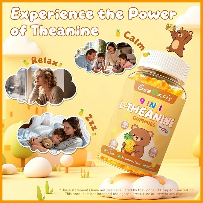 L-theanine 400mg Gummies, l theanine Supplement for Kids & Adults, 9 in 1 High Absorption Theanine Complex for Stress & Focus Support, Pineapple Flavor, 60 Count