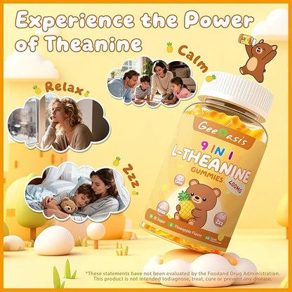 L-theanine 400mg Gummies, l theanine Supplement for Kids & Adults, 9 in 1 High Absorption Theanine Complex for Stress & Focus Support, Pineapple Flavor, 60 Count