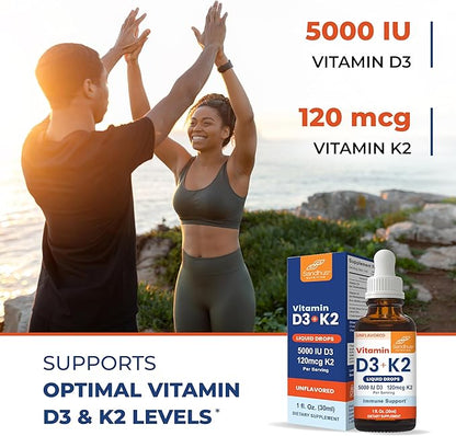 Sandhu's Vitamin D3 K2 Drops for Adults | 5000 IU D3 Liquid, 120mcg K2 Supplement 1 Fl Oz (Pack of 1) | D3K2 Supports Superior Absorption, Energy, Immune, Muscle Health for Men & Women