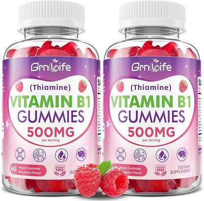 2 Pack Vitamin B1 Gummies 500mg for Adults & Kids – High Potency Thiamine B1 Supplement for Energy & Nervous System Support, Sugar-Free, Raspberry Flavor, 120 Count