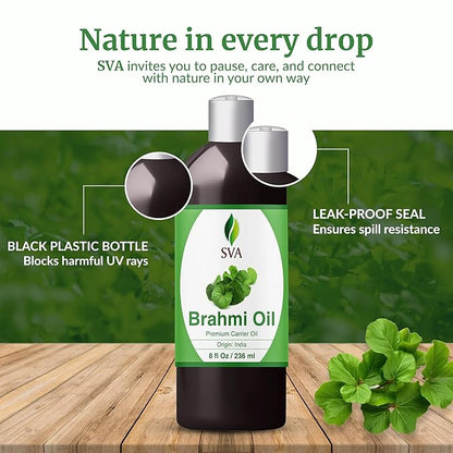SVA Brahmi Oil - 8 Fl Oz – 100% Natural Cold Pressed Brahmi Oil - for Face, Skin Care, Hair Care, Scalp Massage & Body Massage – Carrier Oil with Pump