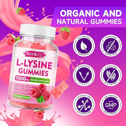 MEENCCD L-Lysine 1000mg Gummies, Lysine Supplement for Adults & Kids, Essential Amino Acid Supplement Supports Collagen Formation, Sugar-Free, Raspberry Flavor, 60 Count