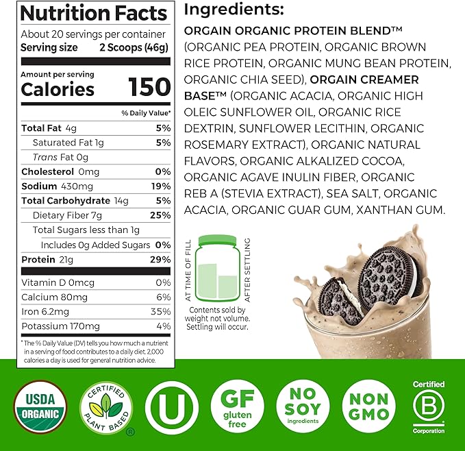 Orgain Organic Vegan Protein Powder, Cookies & Cream - 21g Plant Based Protein, 7g Prebiotic Fiber, Low Net Carb, No Lactose Ingredients, No Added Sugar, Non-GMO, For Shakes & Smoothies, 2.03 lb