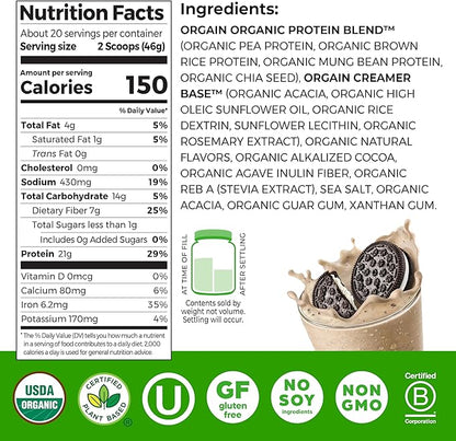Orgain Organic Vegan Protein Powder, Cookies & Cream - 21g Plant Based Protein, 7g Prebiotic Fiber, Low Net Carb, No Lactose Ingredients, No Added Sugar, Non-GMO, For Shakes & Smoothies, 2.03 lb