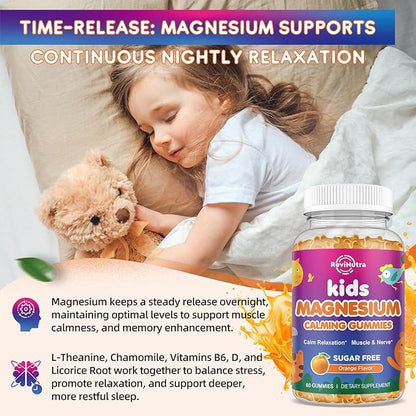 Calm Magnesium Gummies for Kids - Magnesium Glycinate Supplement for Sleep, Brain, Immune & Bone Health - Great Tasting Magnesium Gummies for Kids & Adults - Vegan Sugar Free Orange 60ct