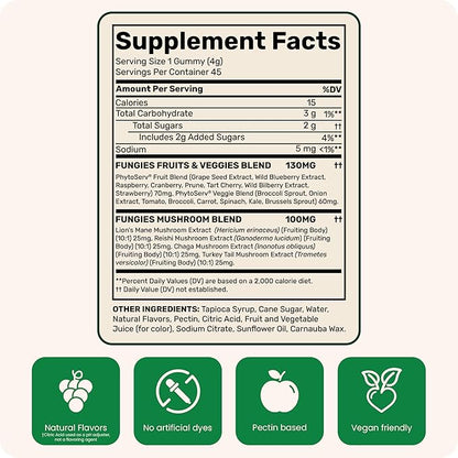 Fungies Lion's Mane Mushroom Gummies with Fruits & Veggies Superfood Blend, Juicy Grape Flavor - Mushroom Herbal Supplement Gummy for Adults & Children - Brain Health & Daily Wellness - 45 Servings