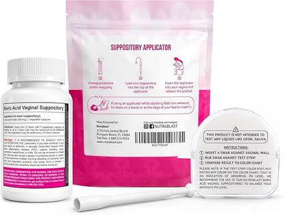 NutraBlast Boric Acid Suppositories 600mg (30 Count) Bundle with Disposable Suppository Applicators (15-Pack) and Feminine pH Test Strips 3.0-5.5 (100 Tests Roll)
