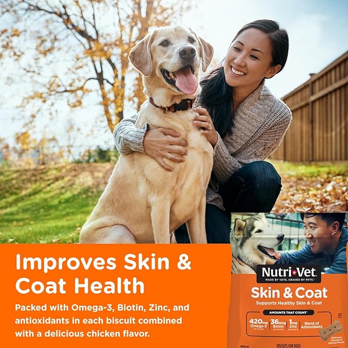 Nutri-Vet Skin & Coat Biscuits, Skin and Coat Supplement, Dog Treat, Dog Supplements, Omega 3 Fish Oil, Small Sized Biscuit, Made with Omega 3 and Biotin, Fish Oil Treat for Pets, 16 oz (Pack of 2)
