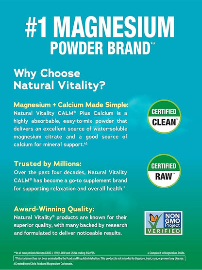 Natural Vitality Calm, Magnesium & Calcium Supplement, Drink Mix Powder Supports a Healthy Response to Stress, Gluten Free, Vegan, & Non-GMO, Raspberry Lemon, 16 oz