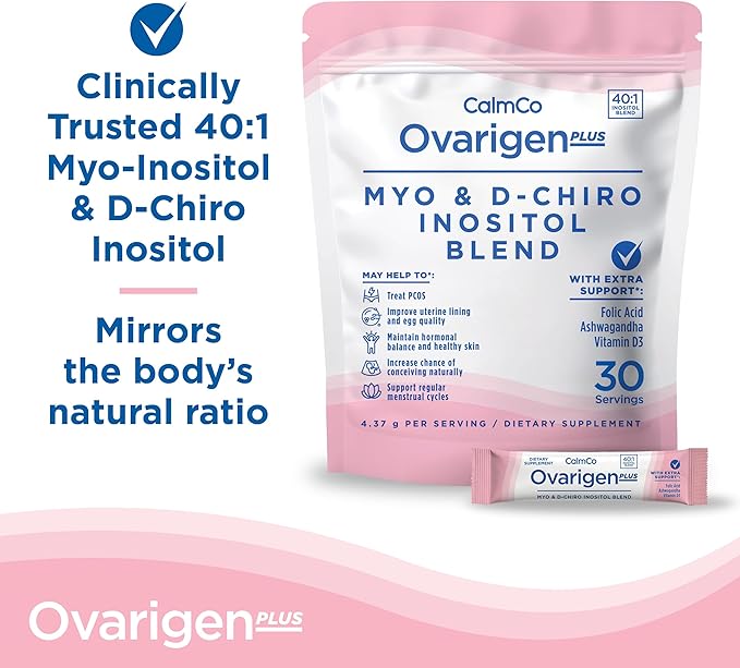 CalmCo Ovarigen Plus Myo-Inositol & D-Chiro Inositol Supplement for Women – 40:1 Powder with Folic Acid, Ashwagandha & Vitamin D3, Fertility Supplements for PCOS, Ovarian Support (30 Sachets)