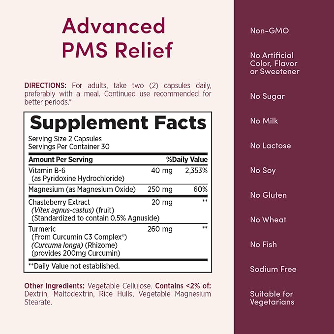 Nature's Bounty Optimal Solutions Advanced PMS Relief for Menstrual Cycle Support, PMS Support Supplement for Women, Bloating Relief – Chasteberry, Hormone-Free, 60 Vegetarian Capsules (Pack of 3)