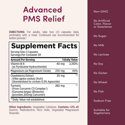 Nature's Bounty Optimal Solutions Advanced PMS Relief for Menstrual Cycle Support, PMS Support Supplement for Women, Bloating Relief – Chasteberry, Hormone-Free, 60 Vegetarian Capsules (Pack of 3)