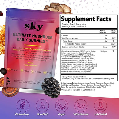 Mushroom Gummies - 10-in-1 Adaptogenic Mushroom Supplement for Adults - Lions Mane, Reishi, Cordyceps, Chaga, Turkey Tail - Raspberry Flavored Vegan Gummies for Focus & Energy - 60 Ct.