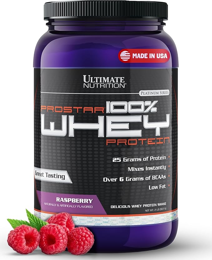 Ultimate Nutrition Prostar Whey Protein Powder Isolate, Raspberry - Low Carb, High Protein Powder Shake for Muscle Gain & Recovery - Low Sodium, Low-Fat & Keto Friendly - 2 lbs Tub