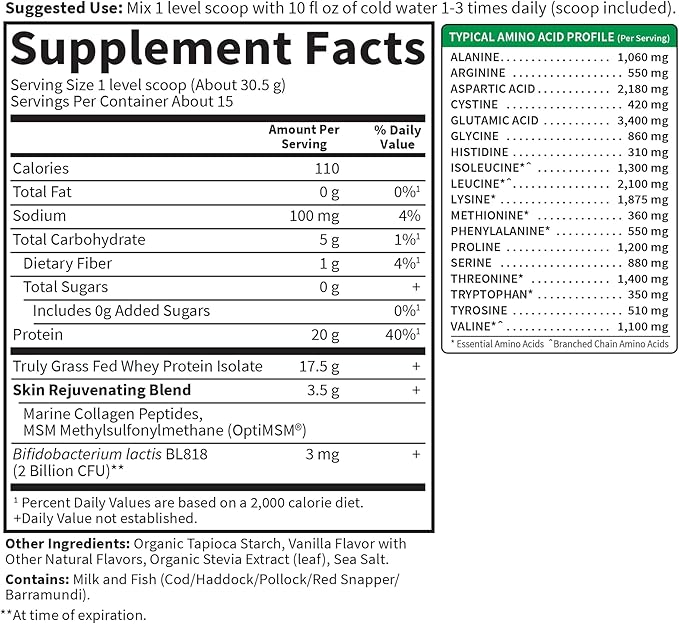 Garden of Life SPORT Whey Protein Powder Vanilla Flavor 20g Plus Marine Collagen Peptides & MSM for Women and Men, Optimum Amino Energy, Younger, Healthier Looking Skin - Grass Fed, About 15 Servings