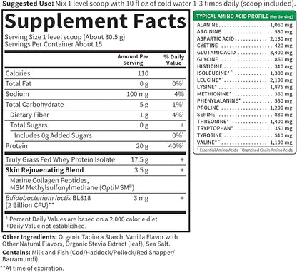 Garden of Life SPORT Whey Protein Powder Vanilla Flavor 20g Plus Marine Collagen Peptides & MSM for Women and Men, Optimum Amino Energy, Younger, Healthier Looking Skin - Grass Fed, About 15 Servings