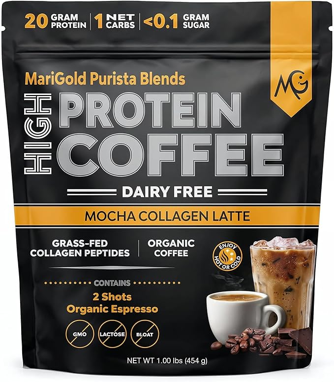 MariGold High Protein Collagen Coffee - Mocha Collagen Latte, Dairy Free, 20g Grass-Fed Type I & III Collagen Peptides, Energy Boost, 2 Shots Organic Espresso, Non-GMO, 1 Lb Bag, 15 Servings