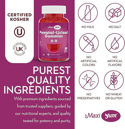 Maxi Health Women's Organic Prenatal Gummies - Kosher Cherry Flavored Pre Natal Gummy - Prenatal Vitamins for Women with Folic Acid and Iron for Fetal Development, 60 Count